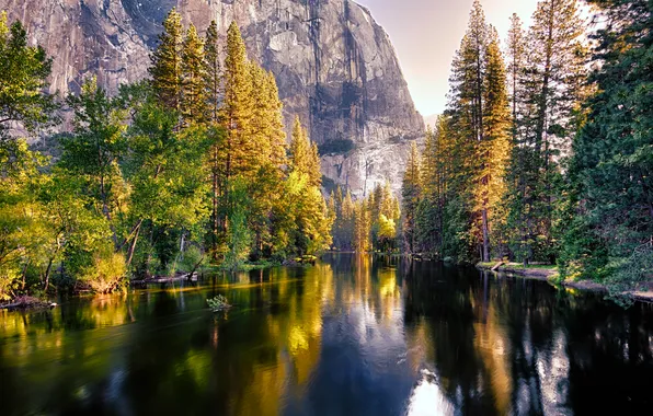 Picture autumn, forest, the sun, trees, river, rocks, USA, Yosemite