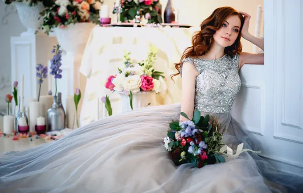 Girl, flowers, bouquet, makeup, dress, hairstyle, brown hair