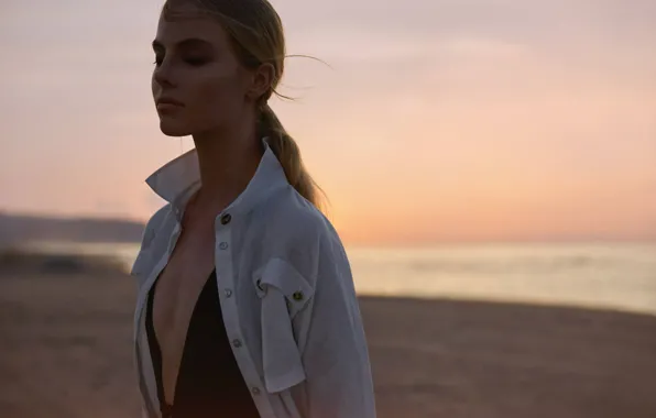 Picture beach, girl, sunset