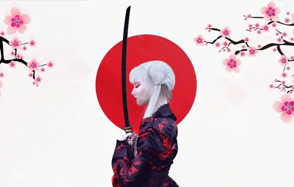 Sun, flowers, katana, women, cherry blossom, digital art, Japanese, white hair