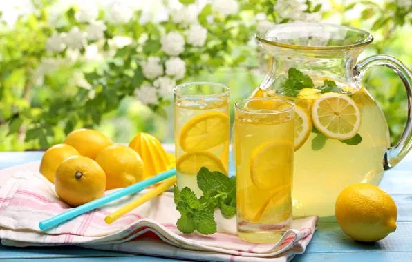 Summer, flowers, drink, fresh, lemons, lemonade, lemons, lemonade
