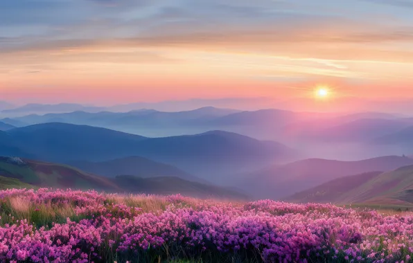 The sun, clouds, flowers, mountains, fog, dawn, hills, the slopes