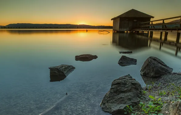 Lake, stones, dawn, shore, dal, morning, pierce, house
