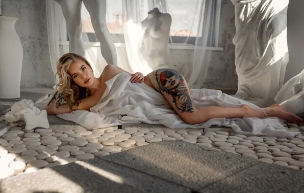 Look, pose, model, panties, makeup, figure, tattoo, window