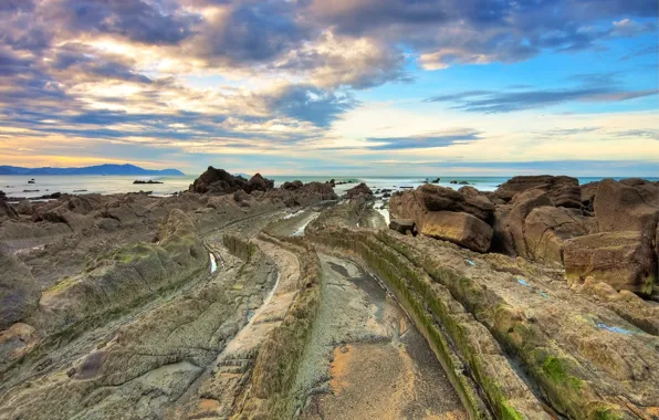 Sea, the sky, water, clouds, mountains, stones, rocks