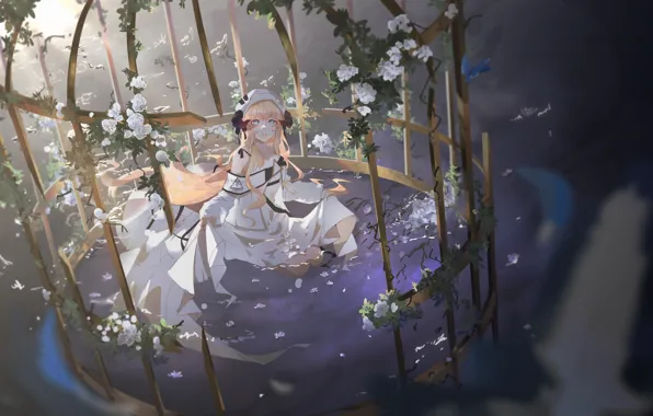 Girl, flowers, bird, cell, Nightingale, Arknights