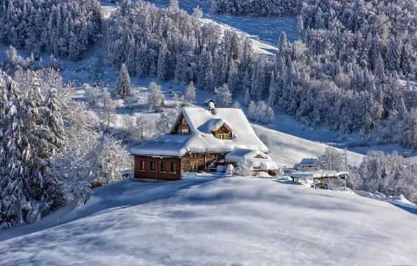 Winter, snow, landscape, mountains, nature, house, Switzerland, forest