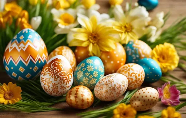 Flowers, eggs, spring, colorful, Easter, happy, flowers, spring