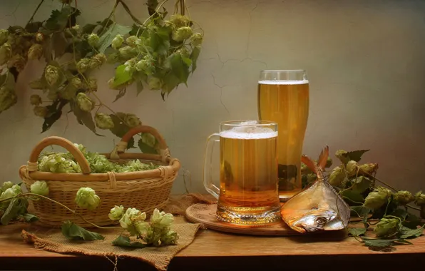 Autumn, basket, beer, fish, still life, September, hops, women