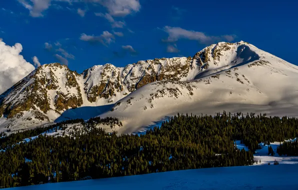 Winter, forest, clouds, light, snow, mountains, blue, the slopes