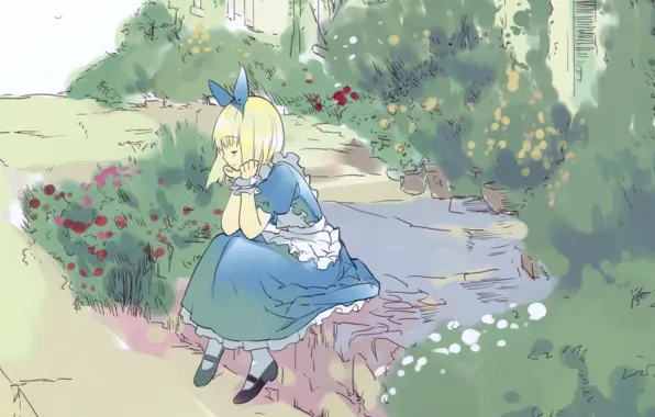 Alice, flowers, lawn, art, apron, alice in wonderland, blue dress, ueda ryou