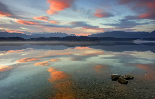 The sky, transparency, clouds, sunset, mountains, lake, reflection, stones