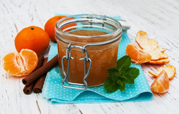 Bank, fruit, cinnamon, citrus, napkin, jam, tangerines