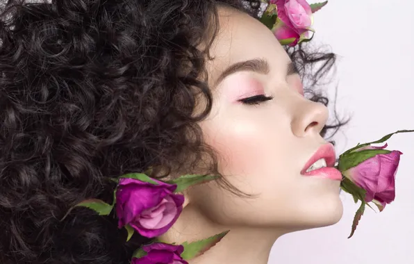 Picture flowers, face, background, roses, makeup, brunette, hairstyle, beauty