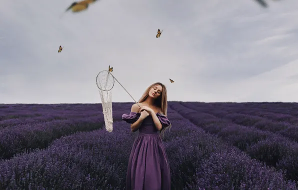 Field, girl, butterfly, mood, the net, lavender