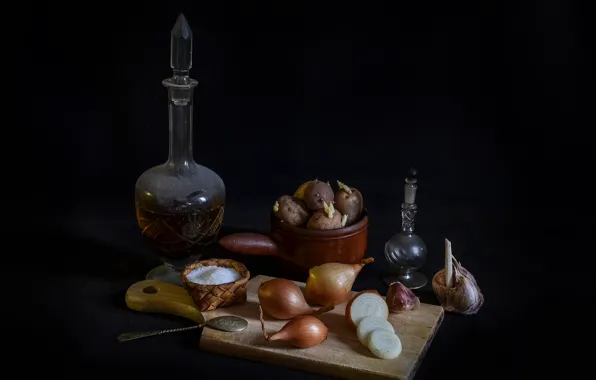 Glass, the dark background, bow, alcohol, spoon, potatoes, decanter, salt