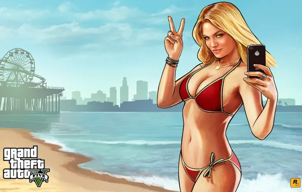 Picture sea, beach, girl, Los Angeles, Grand Theft Auto V, gta5, Santa Maria