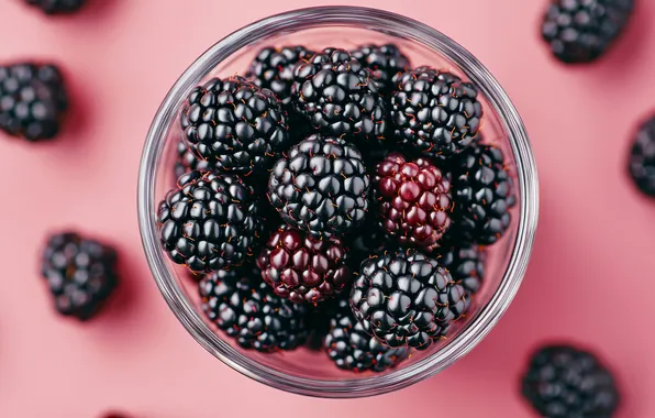 Glass, berries, table, bowl, pink background, BlackBerry, bowl, AI art