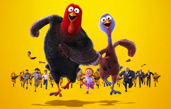 Yellow, background, cartoon, chase, turkeys, Turkeys: Back to the future, Free Birds