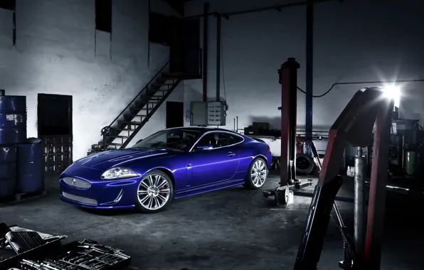 Blue, Jaguar, XKR, garage