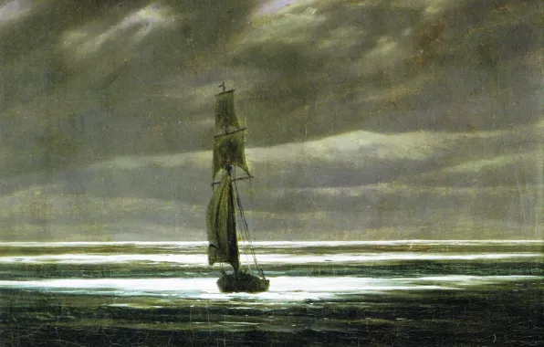 Ship, picture, sail, seascape, Caspar David Friedrich, The shore in the Moonlight
