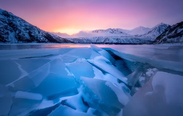 Sunset, mountains, ice