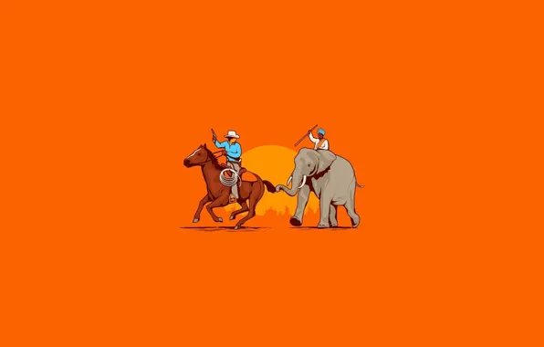 Orange, weapons, background, horse, elephant, minimalism, cowboy