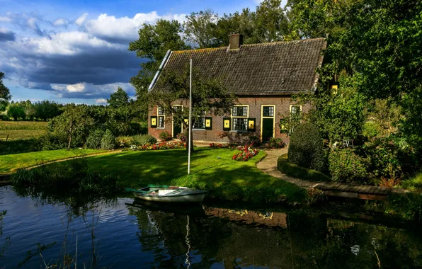 Picture the sky, clouds, trees, house, reflection, boat, Netherlands