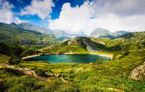 Greens, grass, clouds, mountains, lake, stones, rocks, Alps