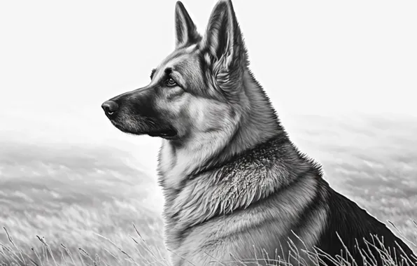 Dog, Shepherd, Art, Side, Digital art, Black and white, Ears, German shepherd