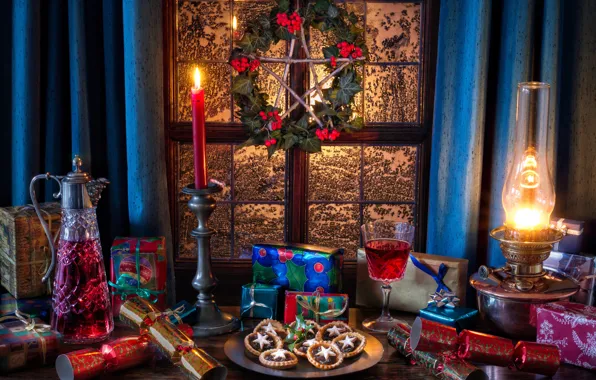 Picture wine, star, lamp, candle, cookies, window, Christmas, gifts