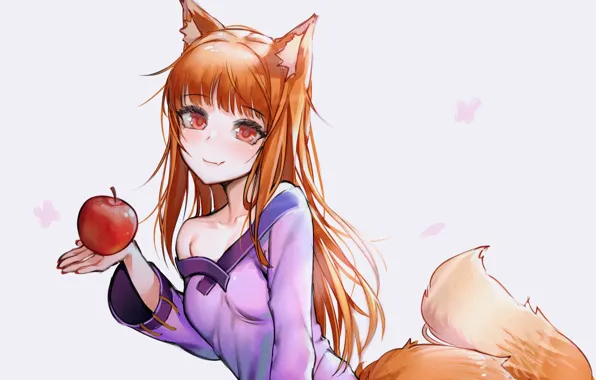 Girl, Apple, tail, white background, ears, Spice and Wolf, Holo, Spice And Wolf
