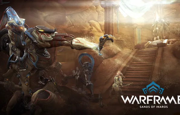 Sand, ladder, creatures, soldiers, cyborgs, characters, tomb, Warframe