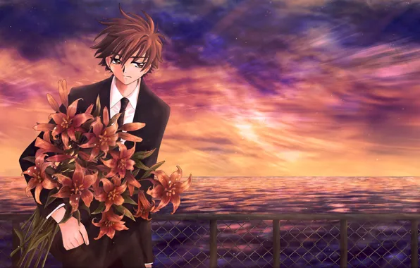 Sunset, flowers, bouquet, anime, art, guy, Tsubasa Reservoir Chronicles