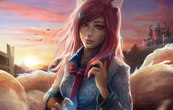 Girl, Fox, shirt, ears, League of Legends, Ahri, Nine-Tailed Fox