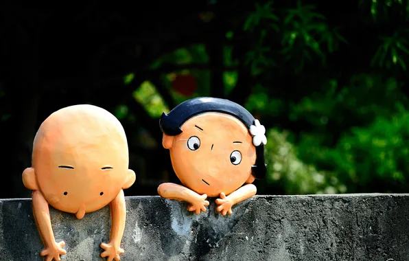 Greens, macro, men, boy, girl, figures, stone