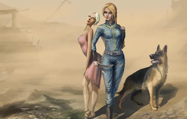 Girls, dog, art, knife, Fallout 3, pustosh