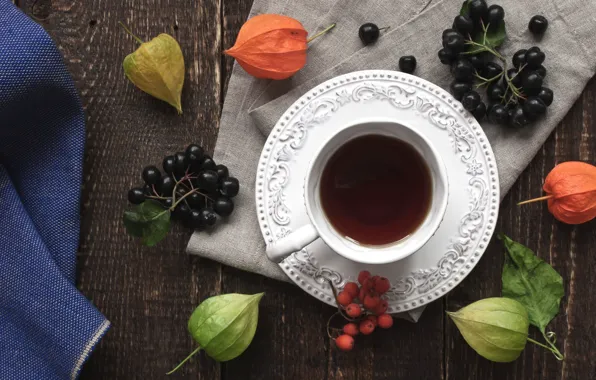 Berries, tea, Cup, drink, physalis, Rowan, Aronia