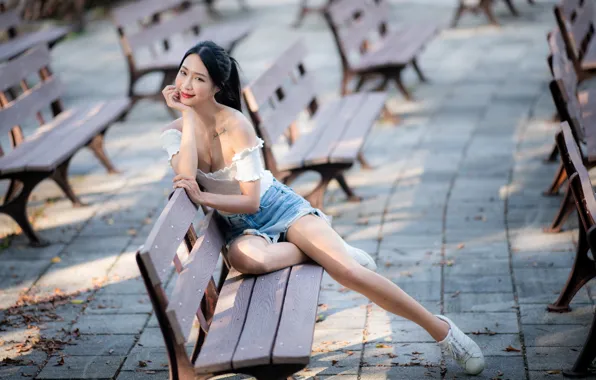 Picture girl, Asian, bench