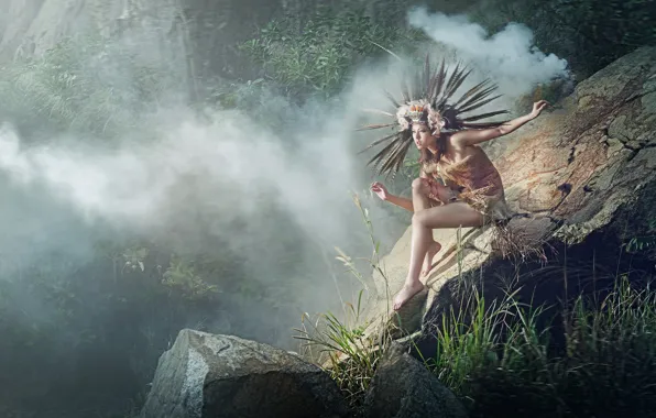 Girl, nature, pose, fog, stones, feathers, jungle