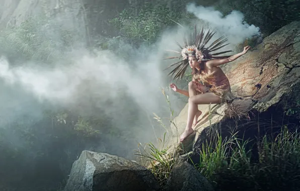 Picture girl, nature, pose, fog, stones, feathers, jungle