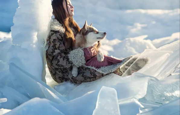 Picture winter, girl, dog, ice, friends, husky, closed eyes, hummocks