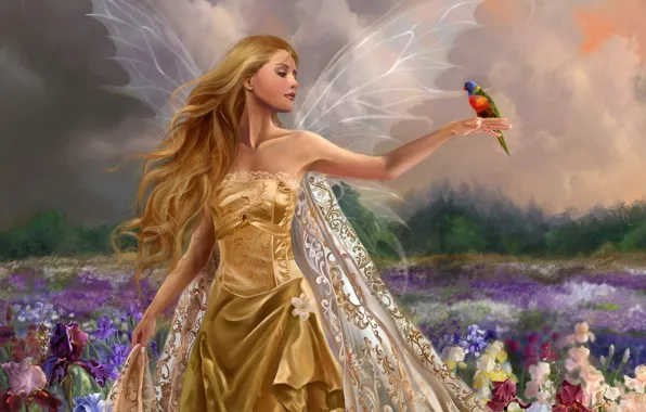 Field, summer, the sky, flowers, fantasy, fairy, the world of fairy tales, transparent wings