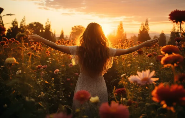 Field, summer, girl, light, flowers, dawn, morning, dress