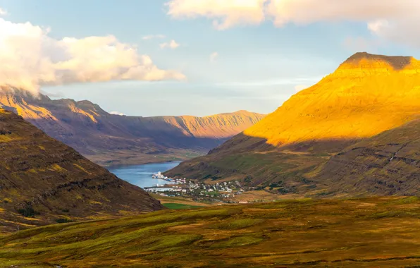 The sky, the sun, clouds, mountains, lake, home, canyon, panorama
