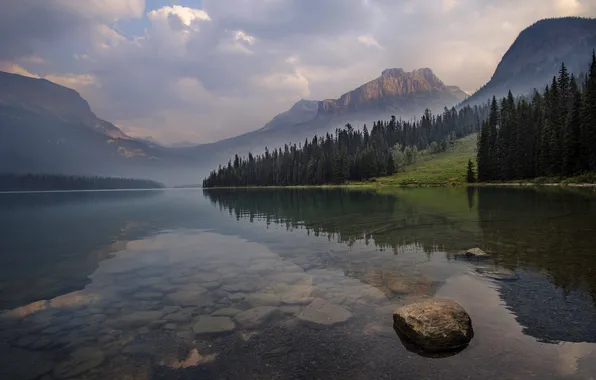 Forest, clouds, mountains, fog, lake, reflection, stones, the bottom