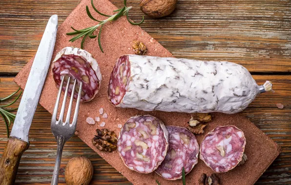 Knife, meat, plug, nuts, sausage, cutting, walnut, smoked