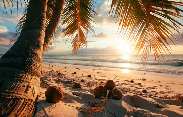 Sand, sea, beach, the sky, the sun, clouds, rays, light