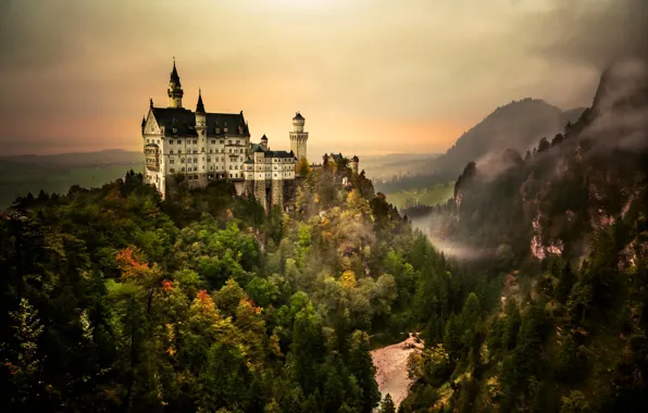 Forest, the sky, mountains, castle, Neuschwanstein, Bayern, Germany, trees