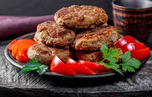 Table, Board, food, plate, meat, tomatoes, parsley, Patty